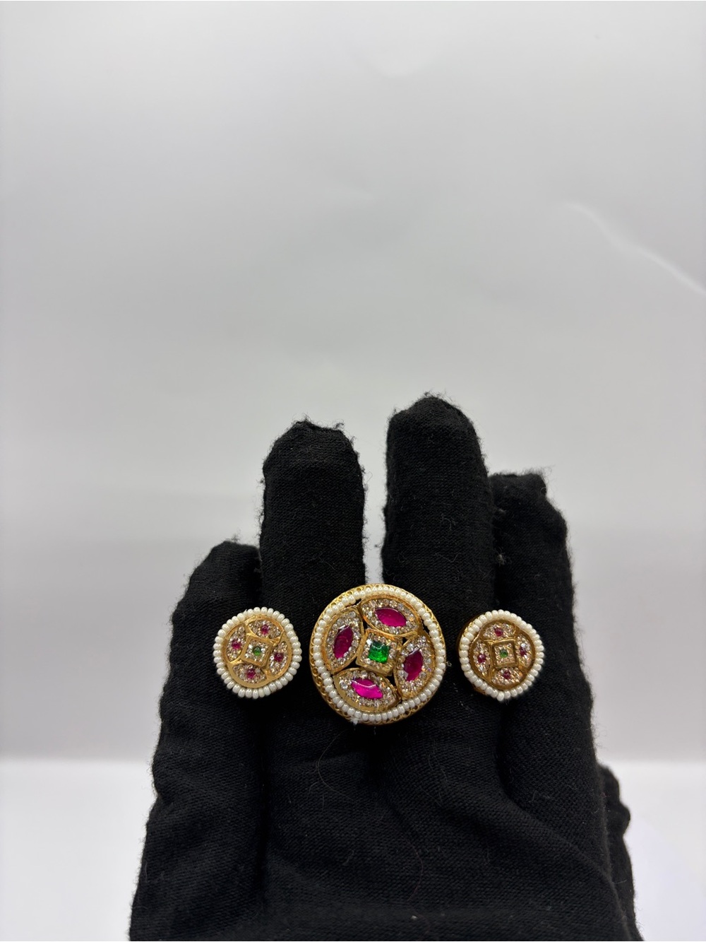 Gold-Tone Kundan 2 Finger Ring With Pink & Green Cubic Zirconia Stone